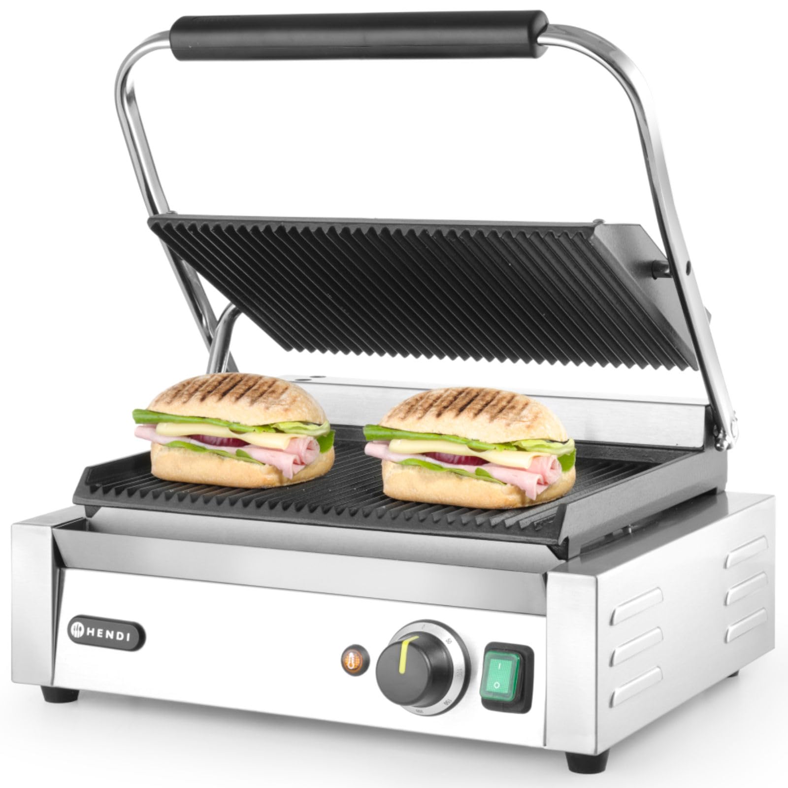 HENDI Kontaktgrill, Panini, gerillte Ausführung, inkl. Grillreinigungsbürste, Temperatur bis 300°C regelbar, Grillfläche 340x235mm, Elektrogrill, 230V/2200W, 430x375x(H)216mm, Edelstahl