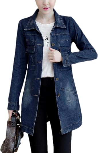 Womens Classic Long Denim Jacket Trendy Lapel Slim Jean Button Down Jackets Shackets Coat Windbreaker Outerwear