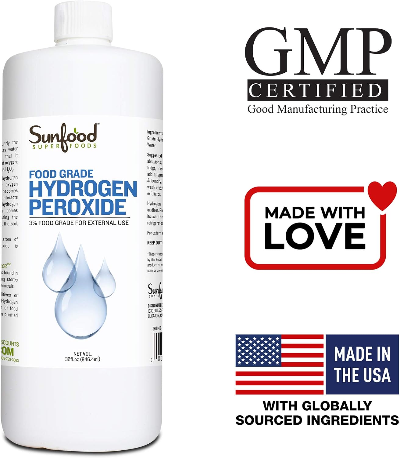 Sunfood Food Grade Hydrogen Peroxide 3 percent | All Natural - Zero Stabilizers | 32 oz Bottle