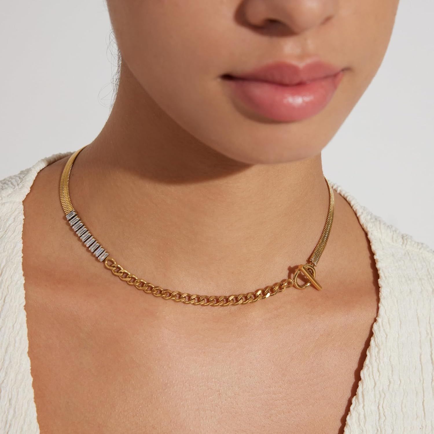 DASIQI Golden Titanium Steel Women Necklace, 16 inches, Spliced Necklace, Herringbone Cuban Chain with Cubic Zirconia. - Image 5