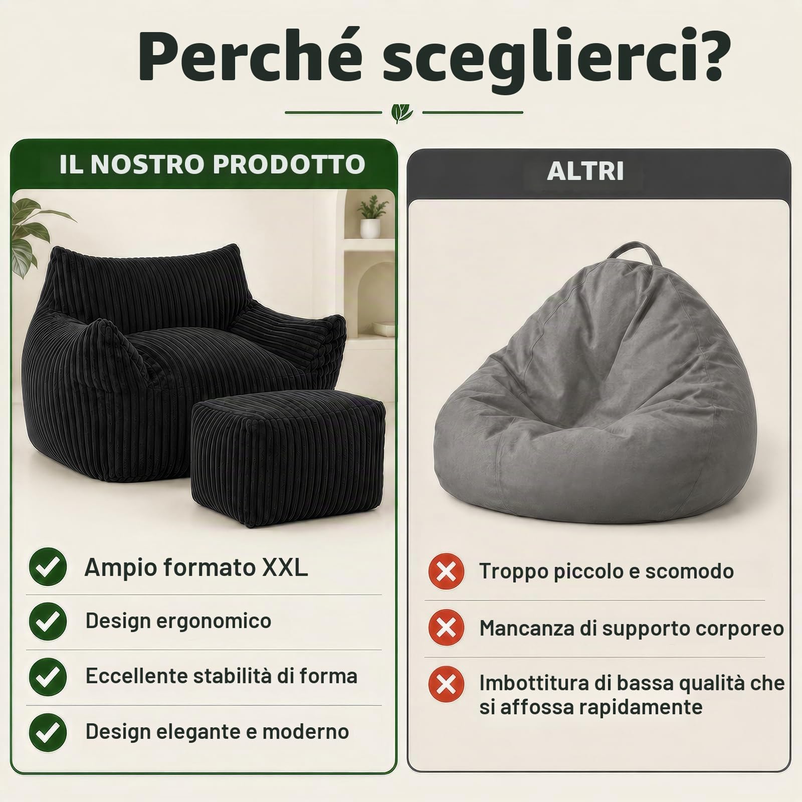 Pouf XXL per adulti con ottomana, poltrona reclinabile ergonomica con 5 zone di sostegno, fodera in coulisse, imbottitura in spugna ad alto rimbalzo, salvaspazio, per soggiorno, camera da letto e