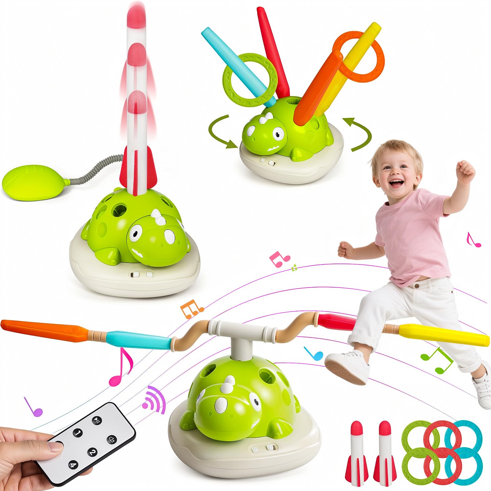 Salto musical 3 en 1, juego de anillo de lanzamiento y lanzador de cohetes de lanzamiento de pisoteo, juguetes al aire libre para niños de 3 a 6 años, motor bruto de salto para niños pequeños, juego