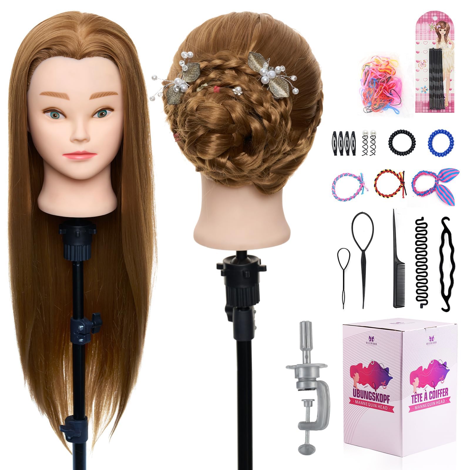 Neverland 24 Zoll Frisierkopf Echthaar Übungskopf Friseurkopf Friseursalon Trainingsköpfe für Friseure Puppenkopf Friseur Mannequin kopf mit Tischhalter + Haar Styling Braid Set