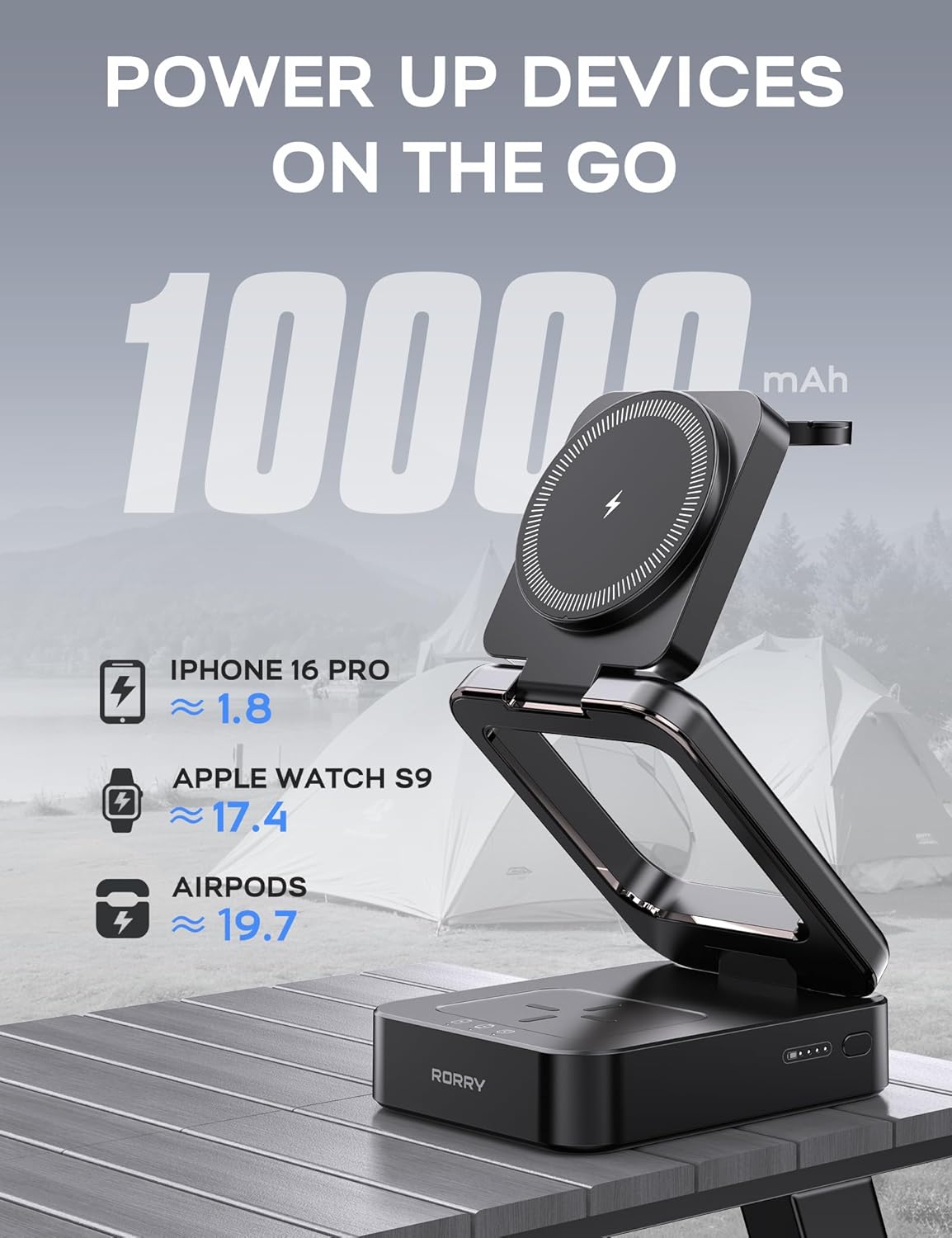 RORRY 3 in 1 Portable Charger for Apple, 5000mAh Power Bank with Built-in Cables& 10000mAh Foldable Charging Station