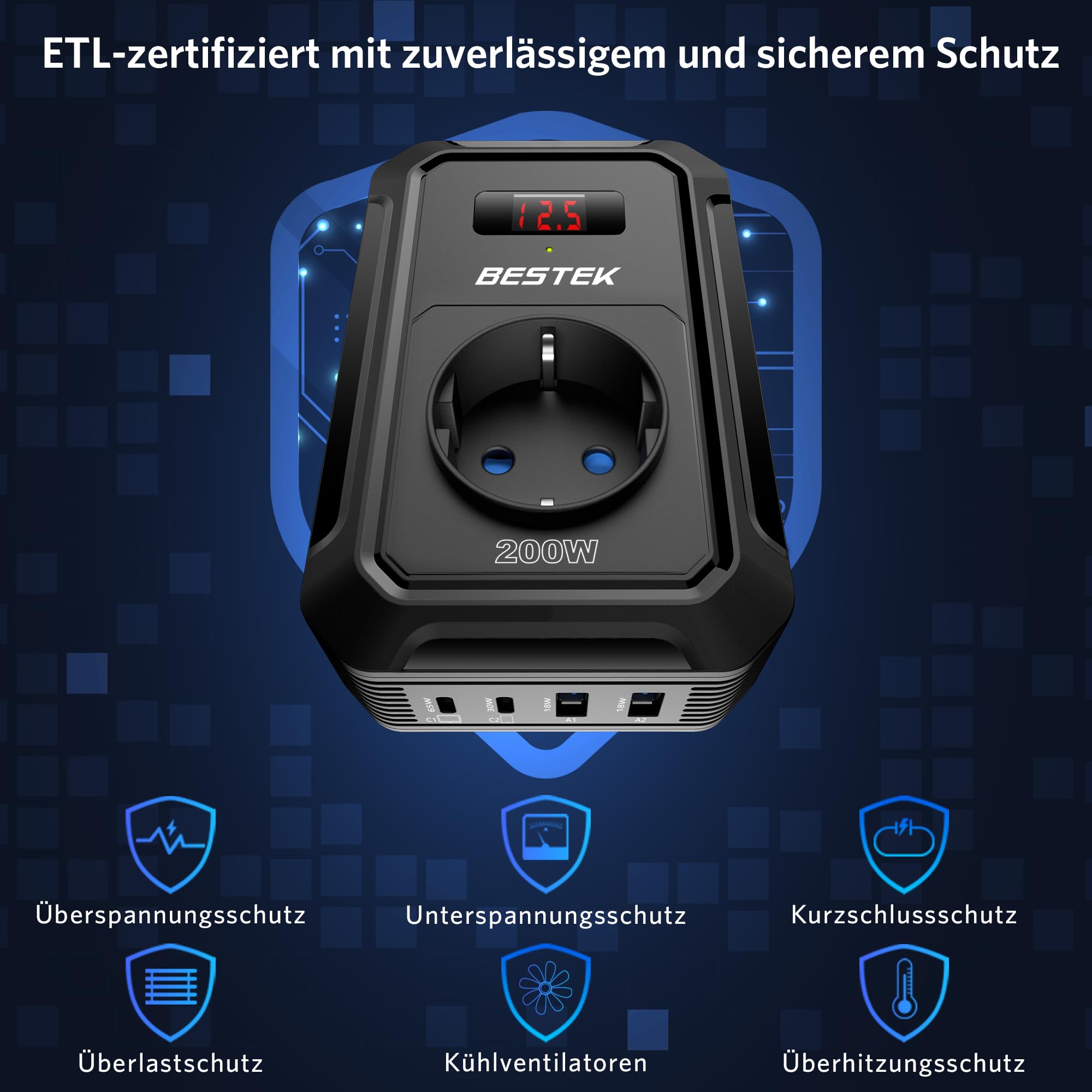 BESTEK 200W Spannungswandler 12 V 230 V 240 V,Wechselrichter 12v auf 230v mit 2 USB QC18-W und 2 USB-C (65 W und 30 W)&1 AC Anschlüssen Zigarettenanzünderstecker,von Laptops,iPhones,und mehr,Schwar