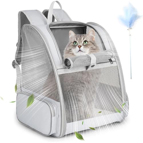 Cat Backpack Carrier, Small Dog Carrier Backpack with Fully Ventilated Mesh, Kitten Wand Feather Toy & Safety Leash, Collapsible Travel Hiking Pet Carrier for Small Dogs Cat Puppy Kitten Bunny (Grey)