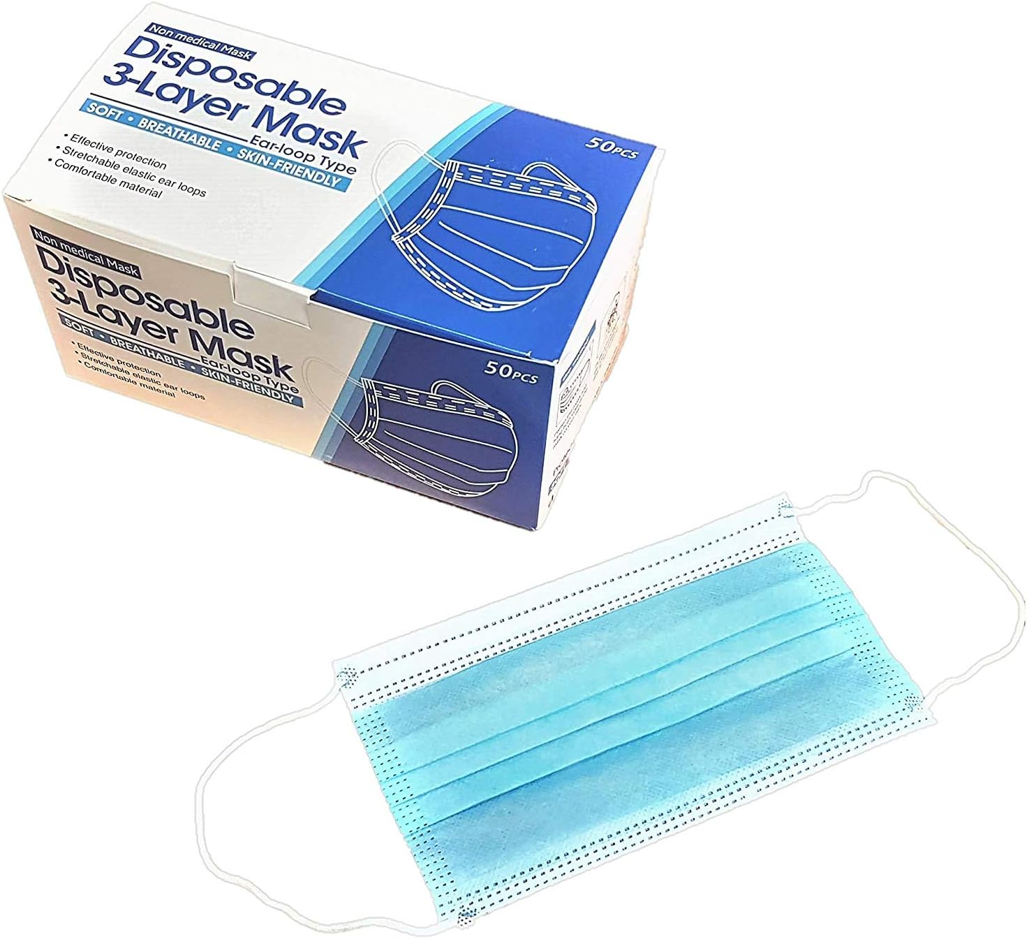 Protective Medical Mask 3-Ply Face Masks - Earloop Polypropylene Blue Masks Supplied in Sealed Bag - Pack of 10/20/50 (20)