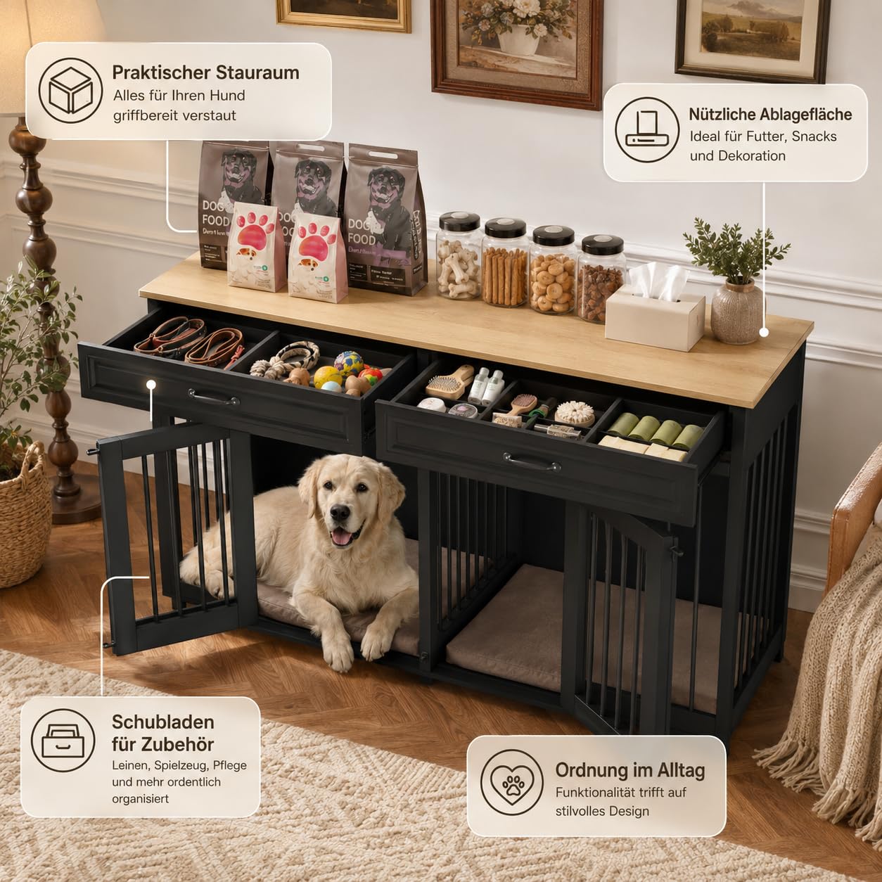 Hundekäfig mit 2 Schubladen und 2 Türen Hundebox für Innenbereich Hundehaus mit getrenntem Innenraum Schwarz und Eichenfarbe 164×60×80cm MDF Hundehütte für 2 Hunde