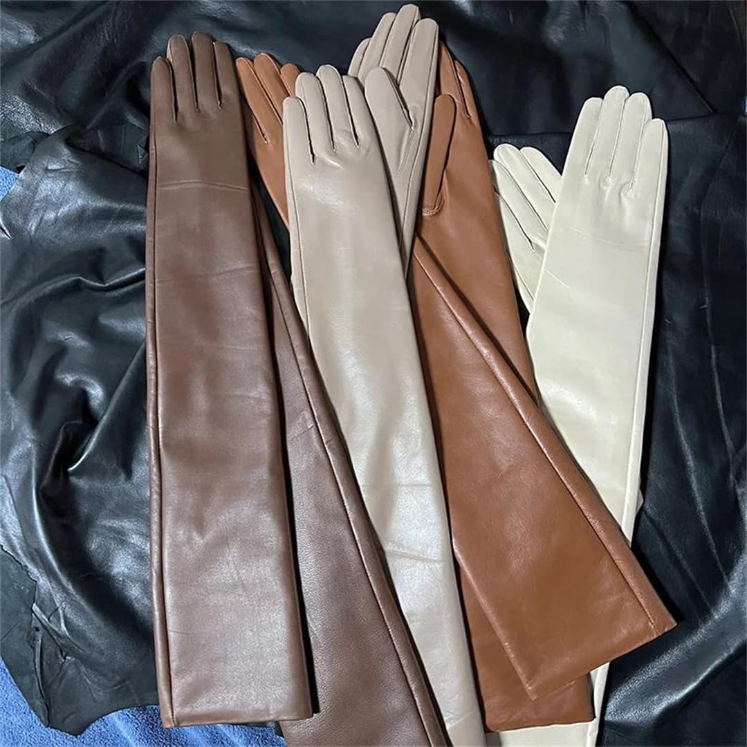 Lange Handschuhe aus echtem Leder, Unisex, weiches Schaffell, mit Fleece gefüttert, elegant, warm, Winter, modische Handschuhe, Braun, Größe XL, 65cm women thin