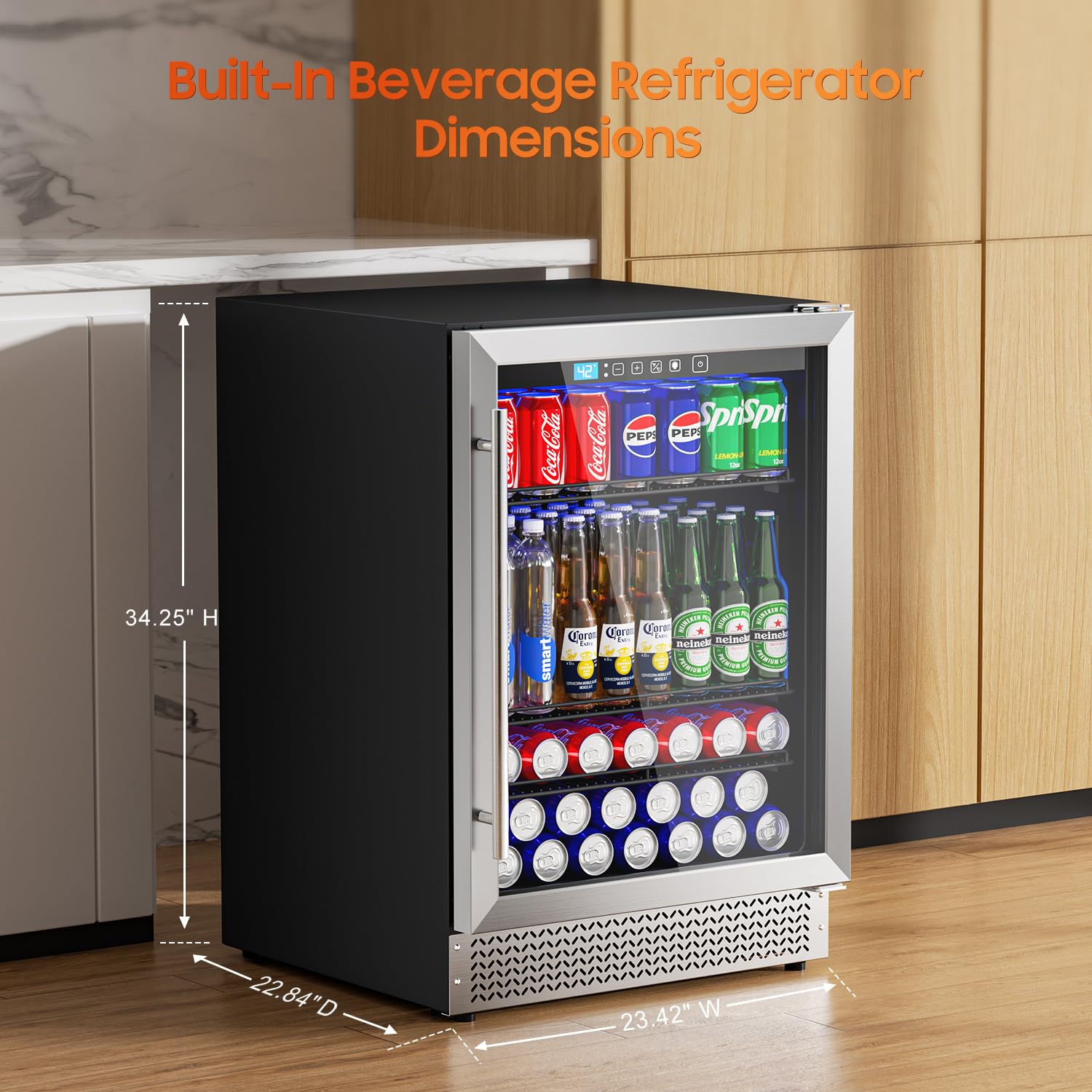 24’’ Beverage Refrigerator, 180 Cans Under Counter Refrigerator With Reversible Door, Built-In Or Freestanding Drink Fridge With Glass Door & LED Light For Soda, Beer Or Wine – Kitchen, Bar, Office on Fridge.com - View 6