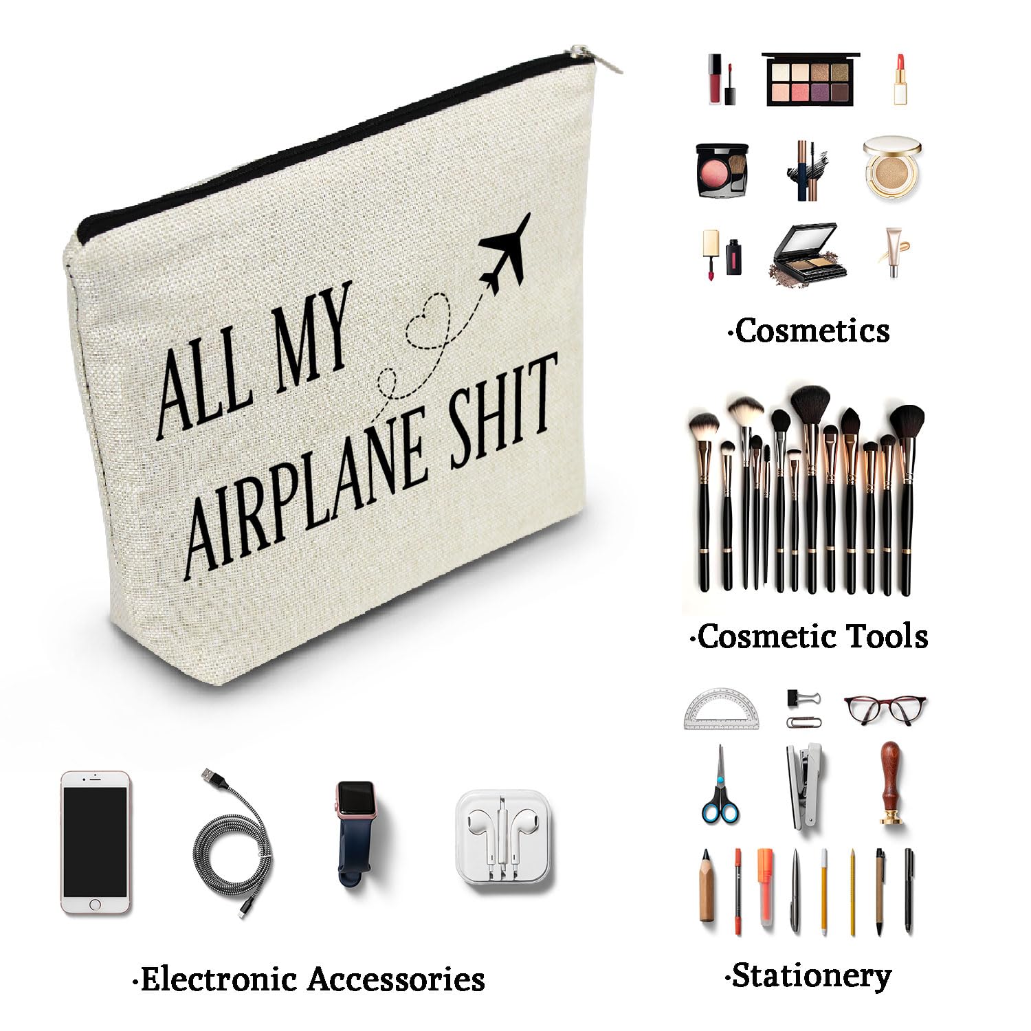 YULUENZE Airplane Canvas Makeup Bag All My Airplane Things Organizer Toiletry Pouch with Zipper Airline Accessories Cosmetic Bag Travel Present for Airline Stewardess Air Hostess Women Friends