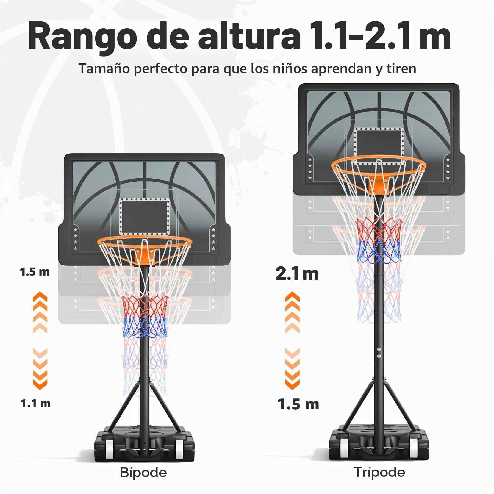 Cesta de baloncesto exterior, cesta de baloncesto infantil, ajustable en altura de 110 a 210 cm, para interior y exterior