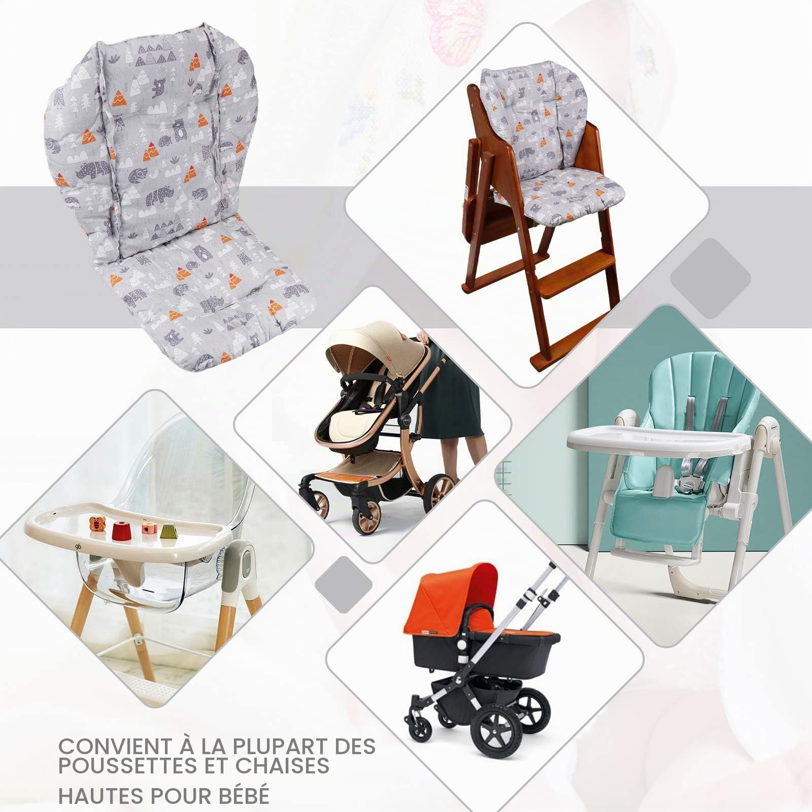 Coussin de chaise haute pour bébé, coussin épais pour chaise haute en bois, tapis de chaise de salle à manger pour bébé (forêt grise)