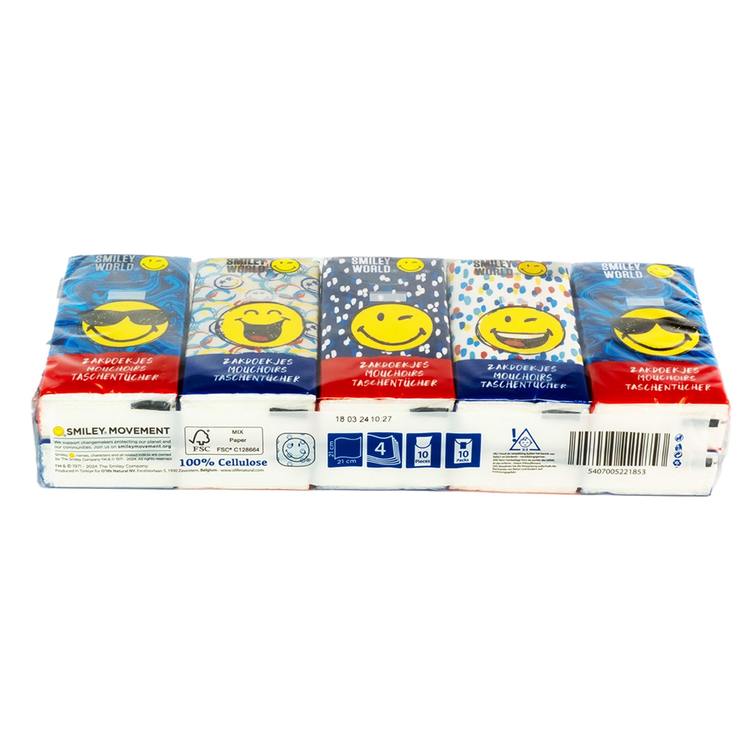 Lot de 100 paquets de mouchoirs de poche – 1000 mouchoirs à 4 plis au total – Mouchoirs en papier ultra doux et résistants | Série Bleue – SmileyWorld