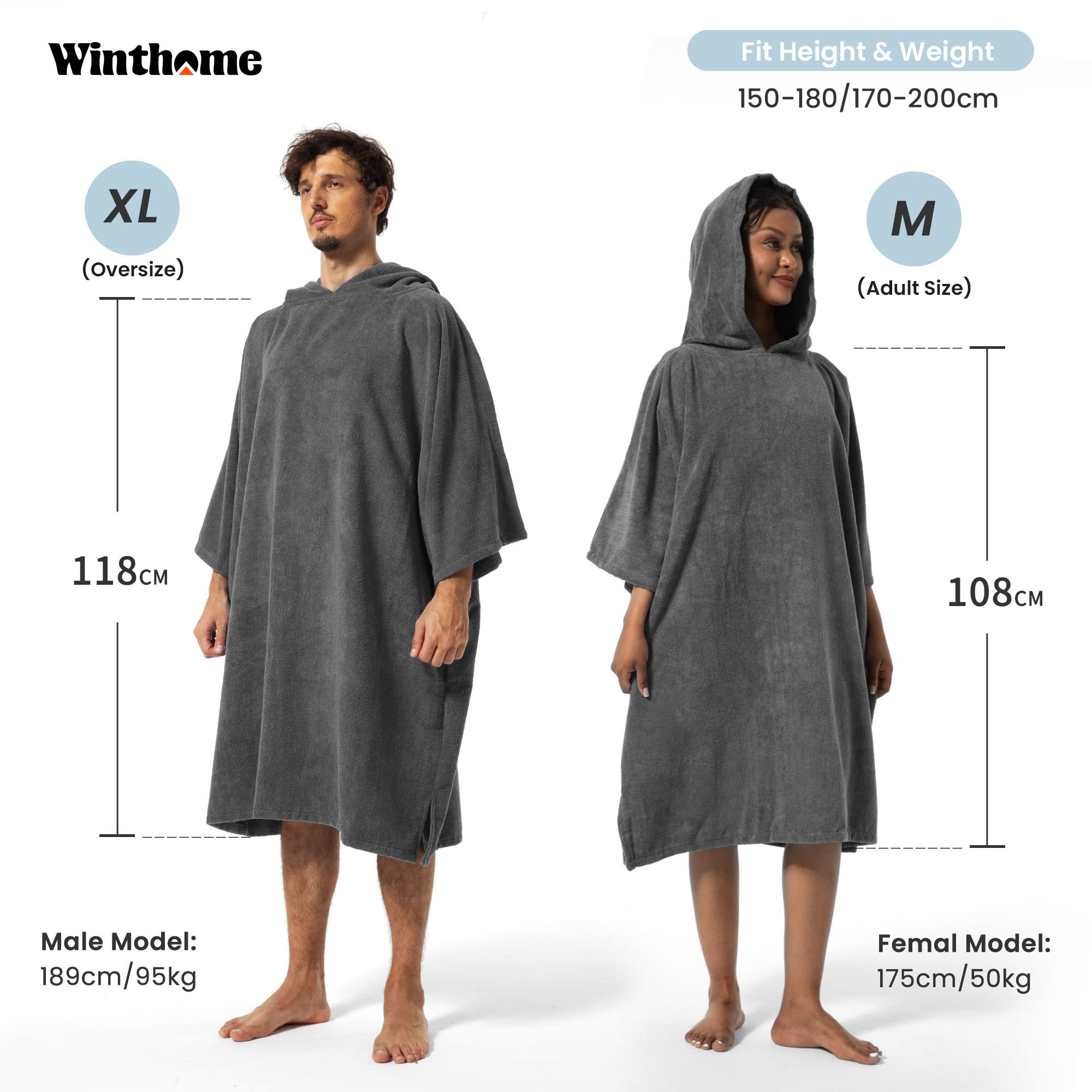 Winthome Accappatoio Poncho Assorbente Caldo, Poncho Surf Aiuto Cambio Spiaggia, con Tasca e Cappuccio, Accappatoio Spugna Uomo Donna per Nuoto, Surf, Spiagge, Doccia, Viaggio, Casa, Sauna (Nero, M)