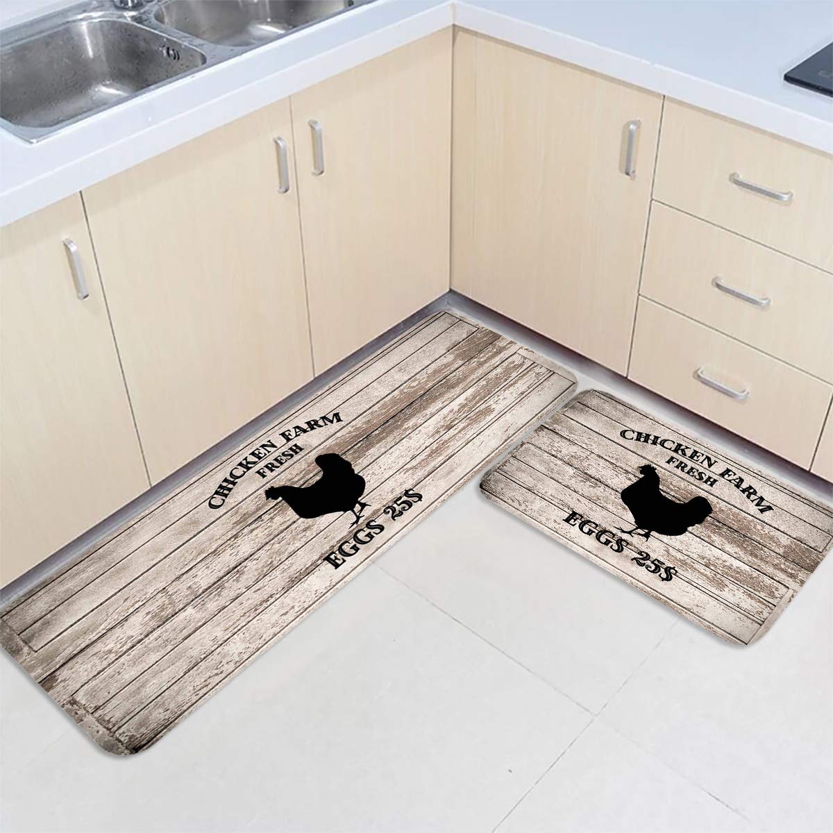 Vintage Wood Farmhouse Kitchen Rug Mats Non Slip Runner Rug Set of 2 Pieces Waterproof Kitchen Mats for Floor Doorway Bathroom Hen Animal Quote Farm Fresh Eggs