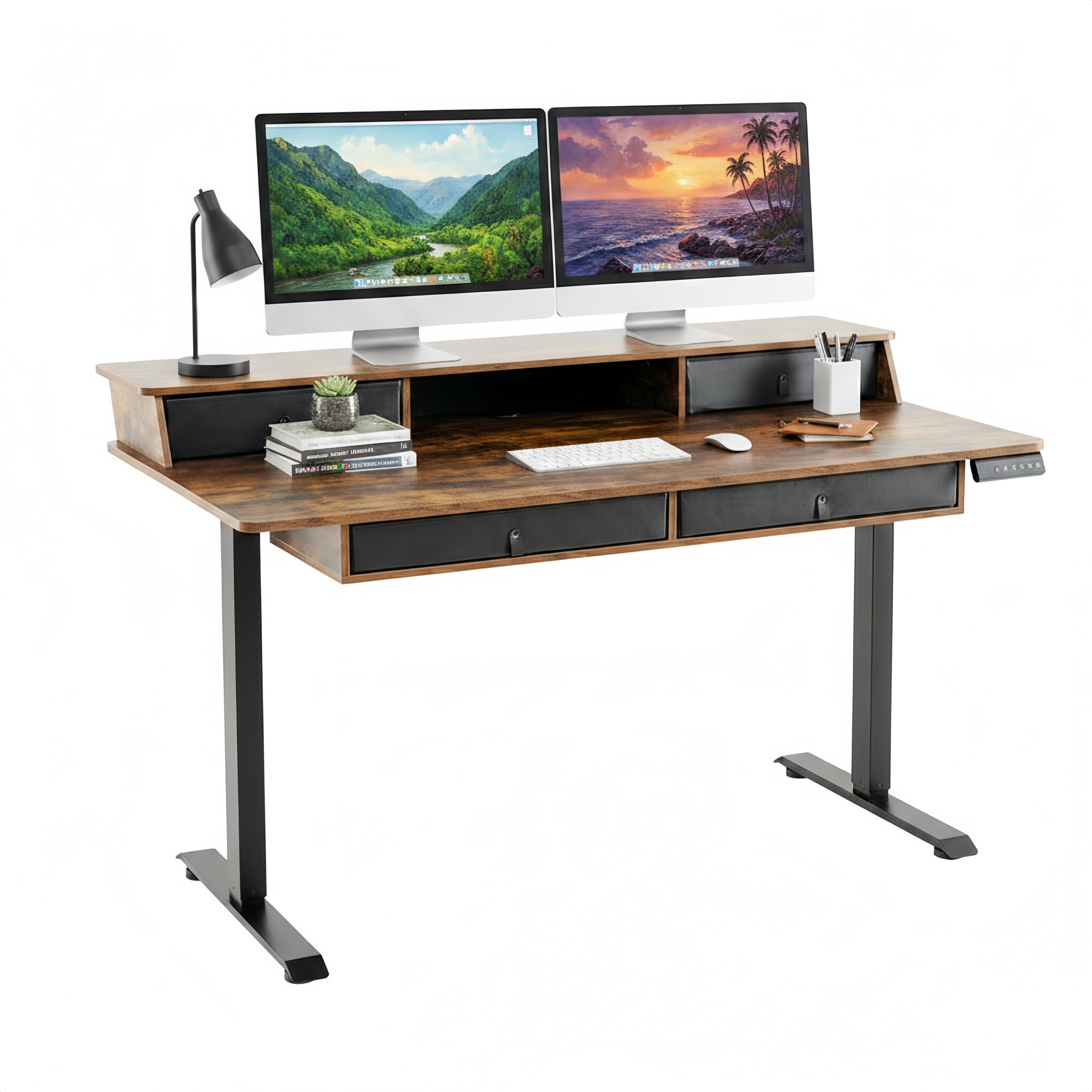 Tangkula 55 Inch Electric Standing Desk with 4 Storage Drawers and Monitor Stand in Rustic Brown