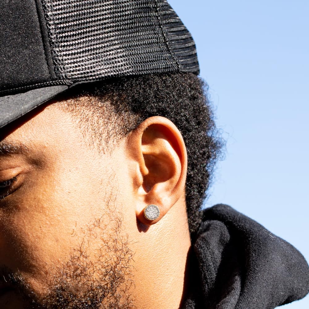 Men's Round Two Tone 14K Gold Plated 925 Sterling Silver Screw Back Post Iced 5A Cz Cluster Square Princess Cut Setting Hip Hop Gauges Circle Shape Stud Earrings - Image 5