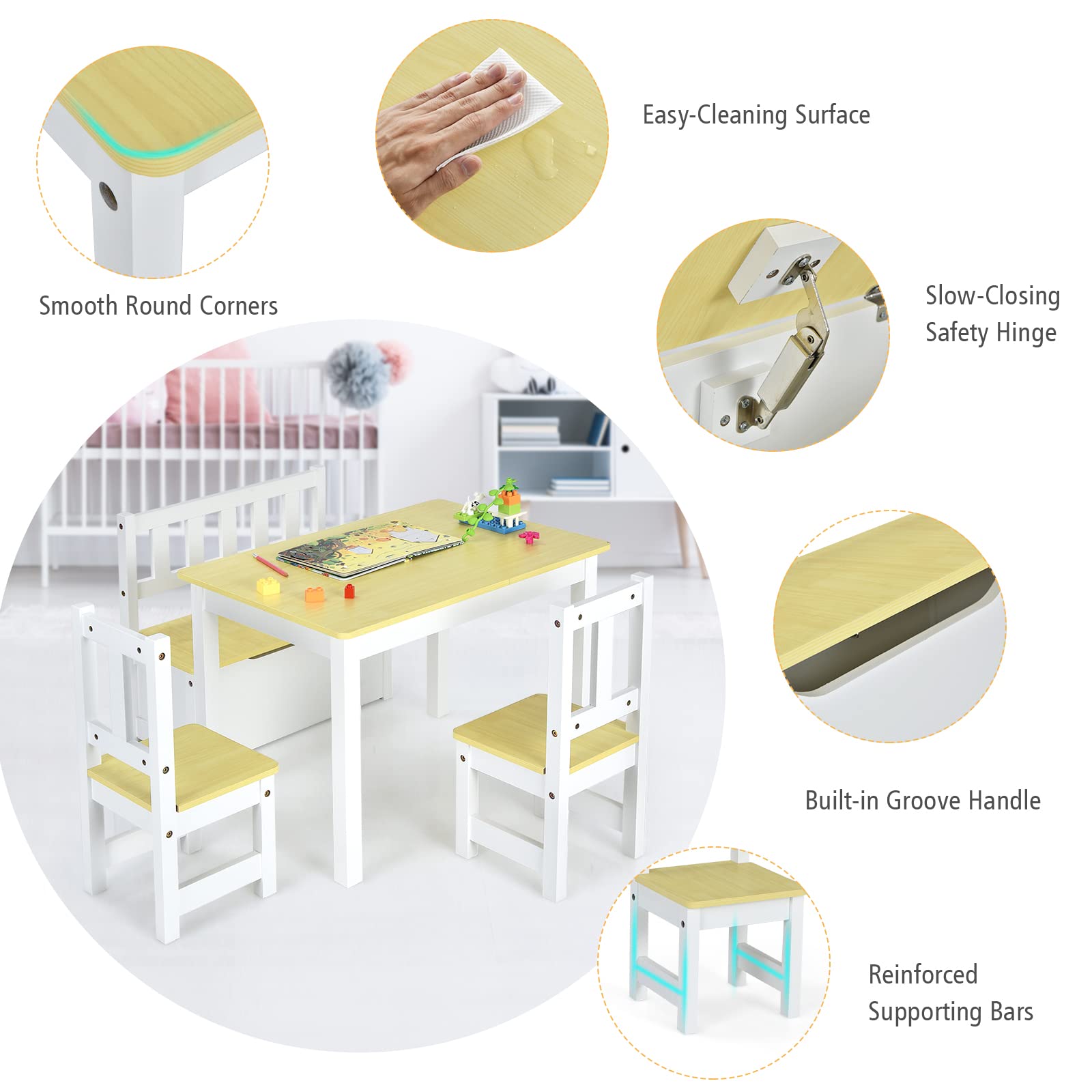 LIFEZEAL Tavolino Bambini, in Legno, Tavolino e Sedie per Bambini, 4 Pezzi, con 2 Sedie, 1 Panca Contenitore per Giocattoli e 1 Tavolo Rettangolare, Set Cameretta per Bimbi 3-7 Anni, Naturale e Bianco