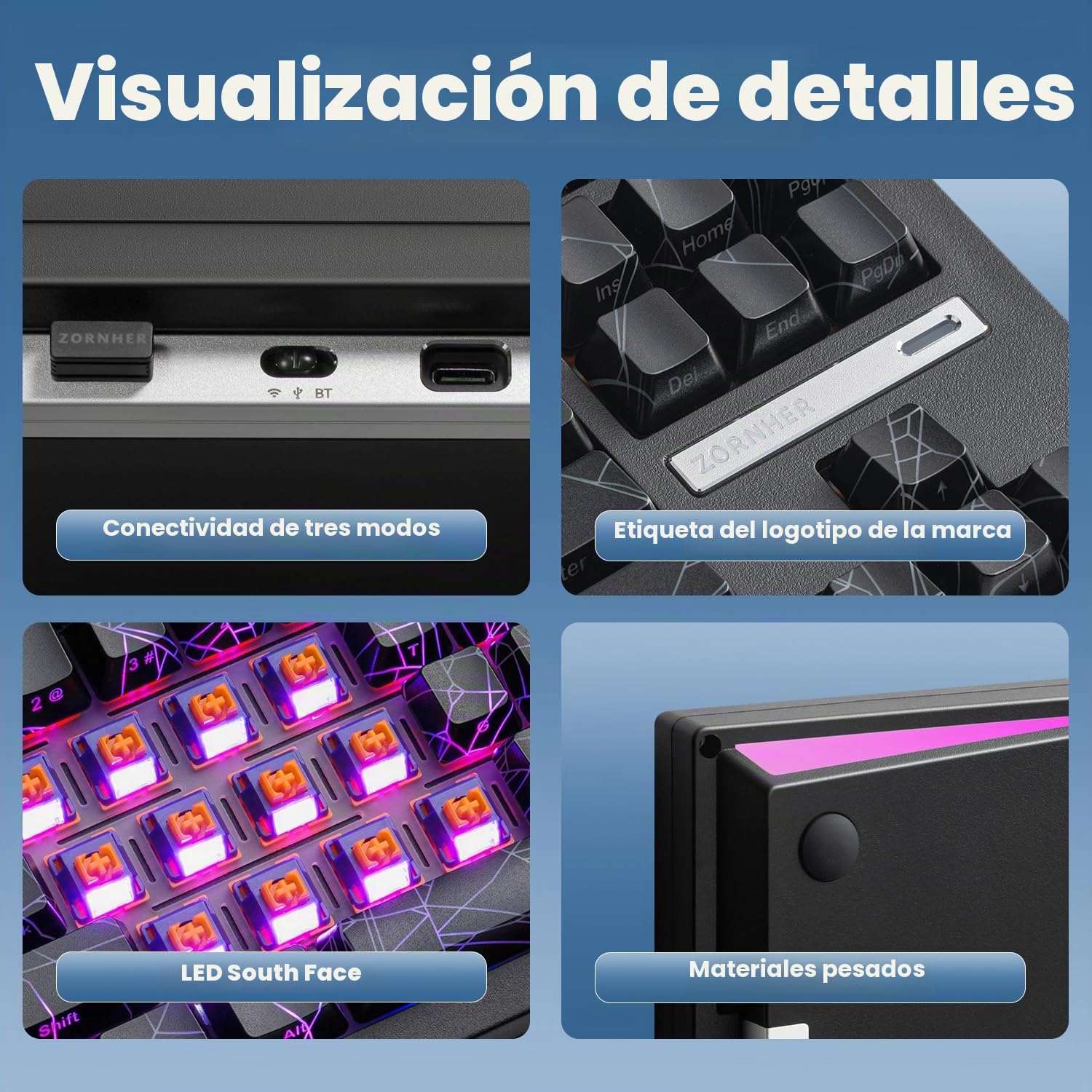 ZORNHER ZH870 Teclado mecánico inalámbrico para juegos, teclado de sonido cremoso personalizado 80%, interruptores lineales prelubricados, intercambiables