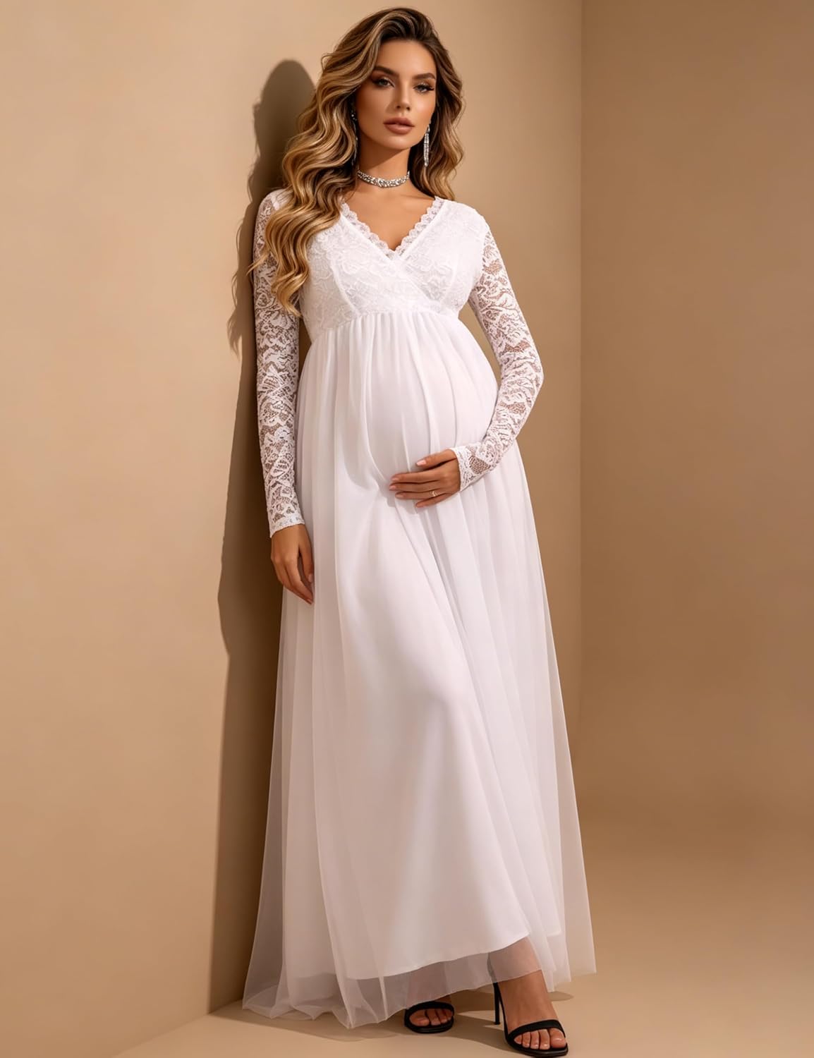 Maternity V Neck Lace Long Sleeve Tulle Maxi Gown