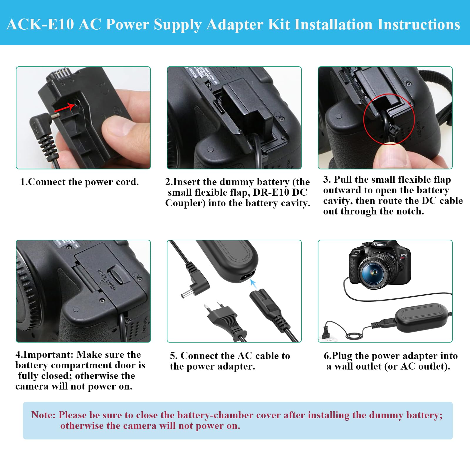 ACK-E10 Adaptateur secteur pour appareils photo Canon DSLR EOS 1100D 1200D 1300D 1500D 3000D Kiss X50 Rebel T3 T5 T6