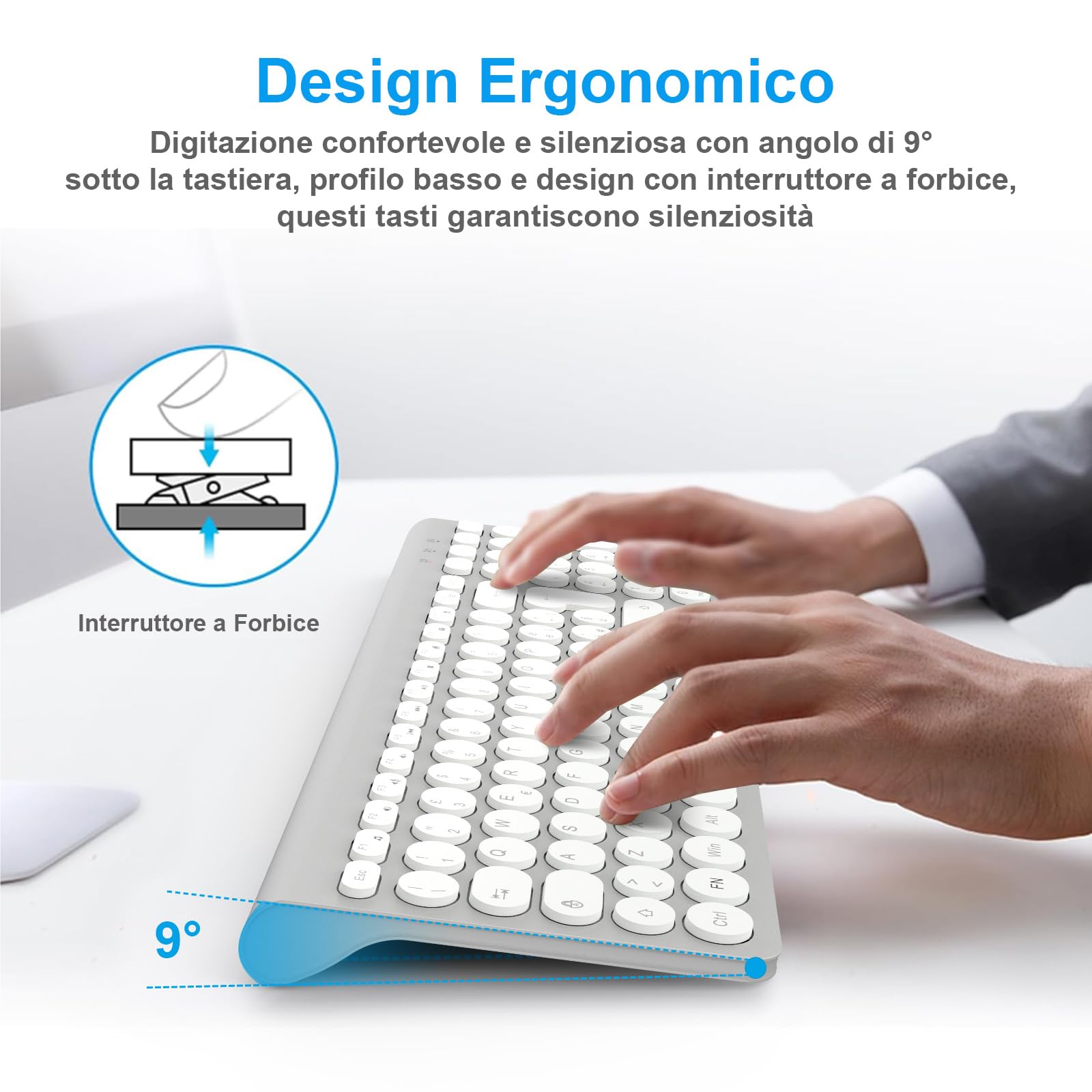 LeadsaiL Tastiera e Mouse Wireless, Ergonomica Kit Mouse e Tastiera USB Senza Fili, Silenziosa, Tastierino Numerico, 1600DPI, Layout QWERTY per Computer, Desktop-Argento