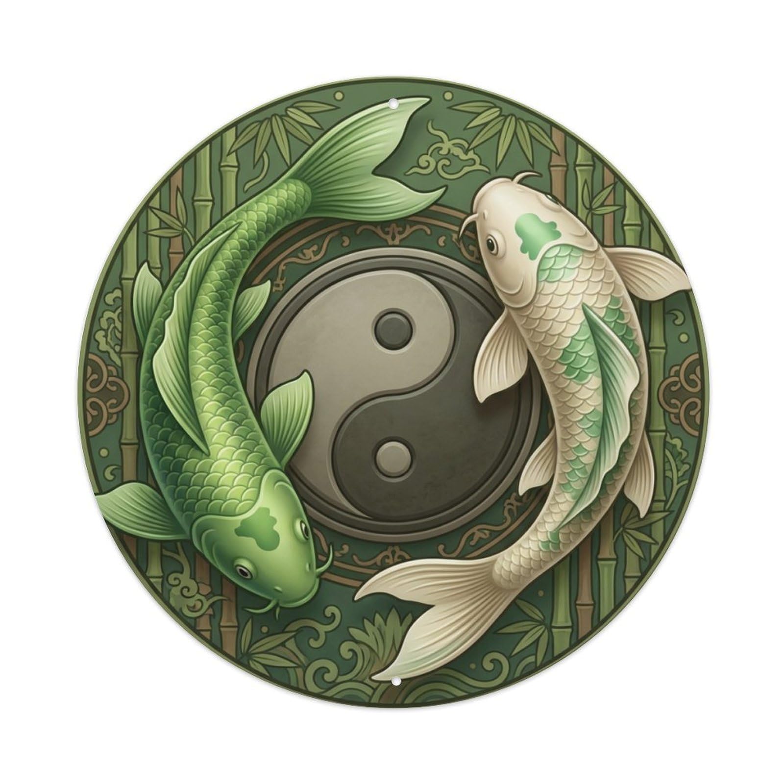 Metal Tin Sign Tai Chi Koi Fish Bamboo Green Zen
