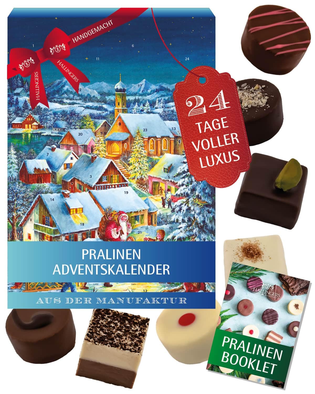 Hallingers Genuss Manufaktur Pralinen Adventskalender - ohne Alkohol, handmade aus Confiserie-Edelkakao in wertigem Softfeel-Karton 