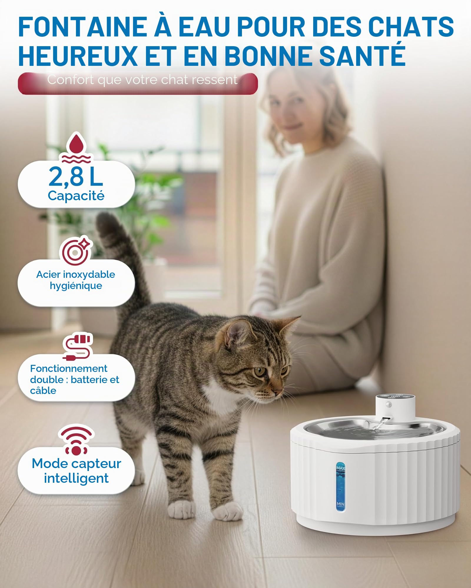 Miaura® Fontaine à eau pour chat sans fil et super silencieuse - Fontaine à boire pour chat 2,8L de capacité - Fontaine à eau pour chat avec détecteur de mouvement - Fontaine à eau pour chat avec une