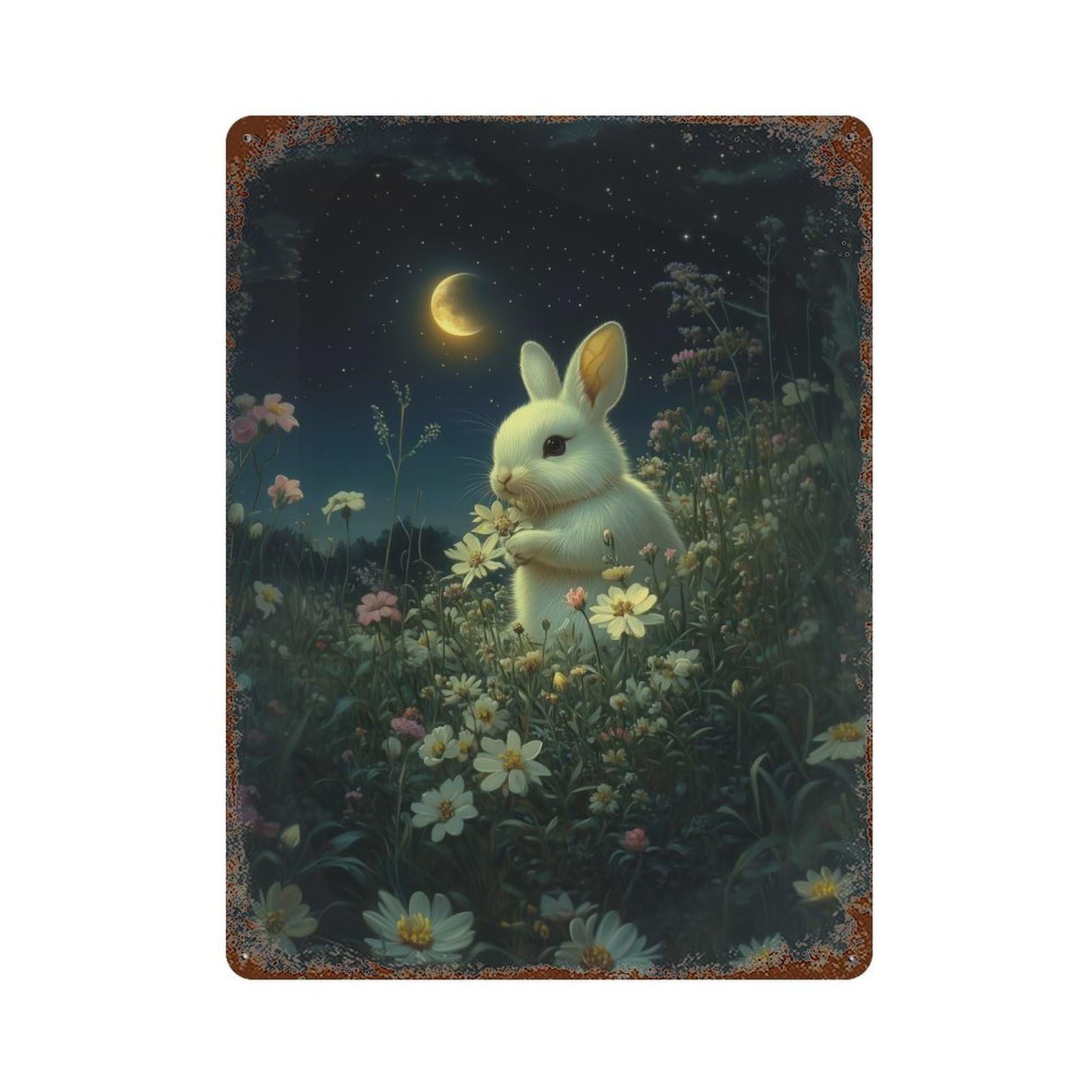 Rabbit in A Field of Flowers 15.7"x11.8" Rust Effect Tin Sign, Industrial Home Decor for Living Room, Hallway And Home Decor