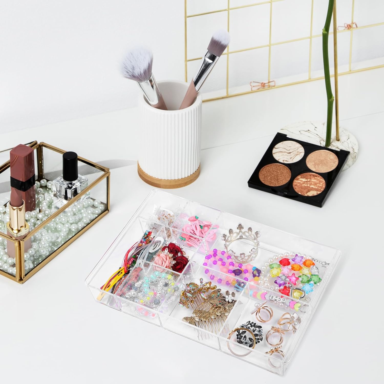 2Pcs 8-Section Clear Drawer Organizer, Large Acrylic Drawer Divider Tray for Desk,Bathroom,Office Makeup,Junk, Plastic Drawers Organizer 13.7" x 8.7" x 2"