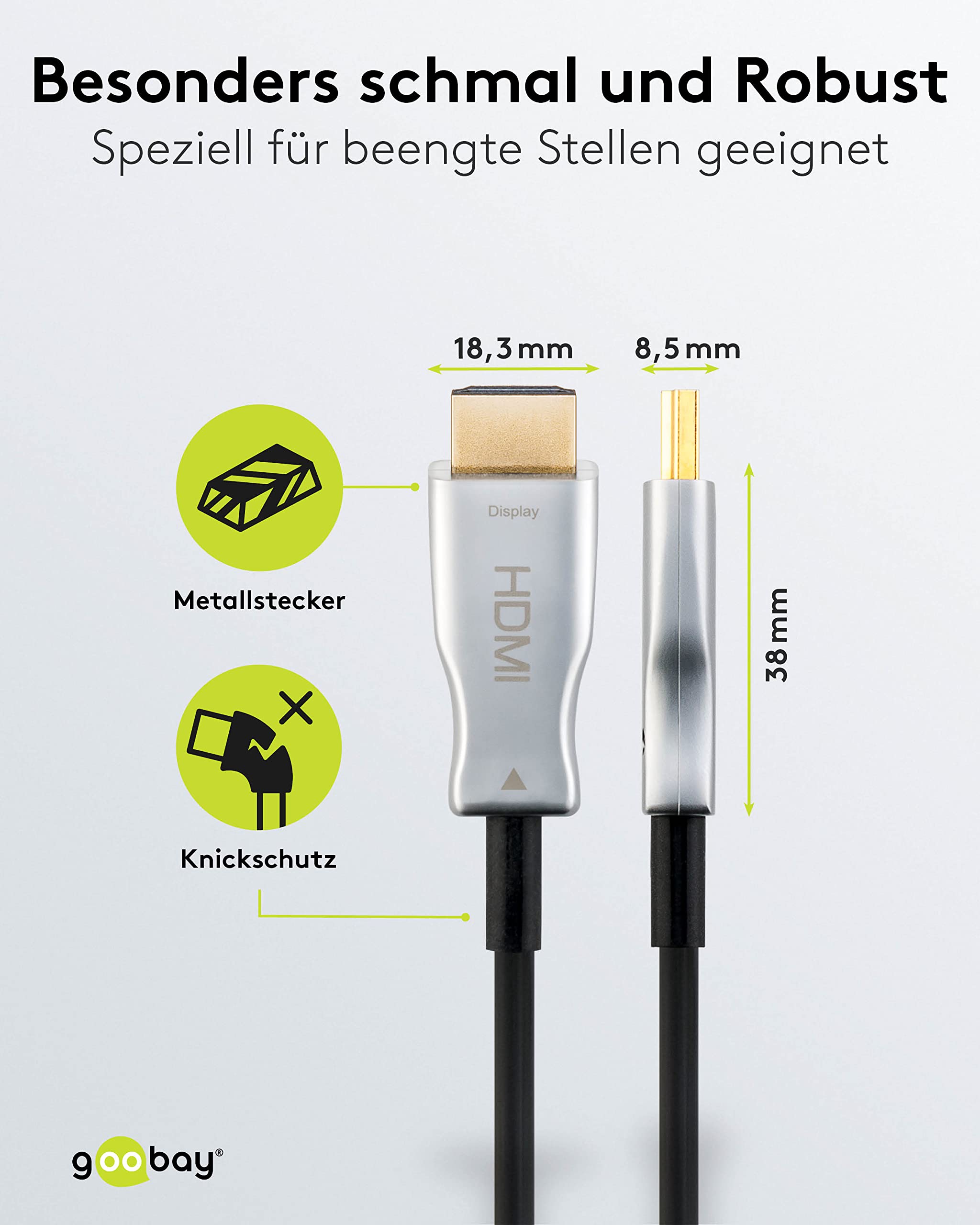 goobay 65569 Cavo ottico ibrido attivo HDMI AOC / 4K @ 60 Hz UHD Cavo di connessione HDMI ad alta velocità con Ethernet / 18 Gbit in fibra ottica/Nero / 40m