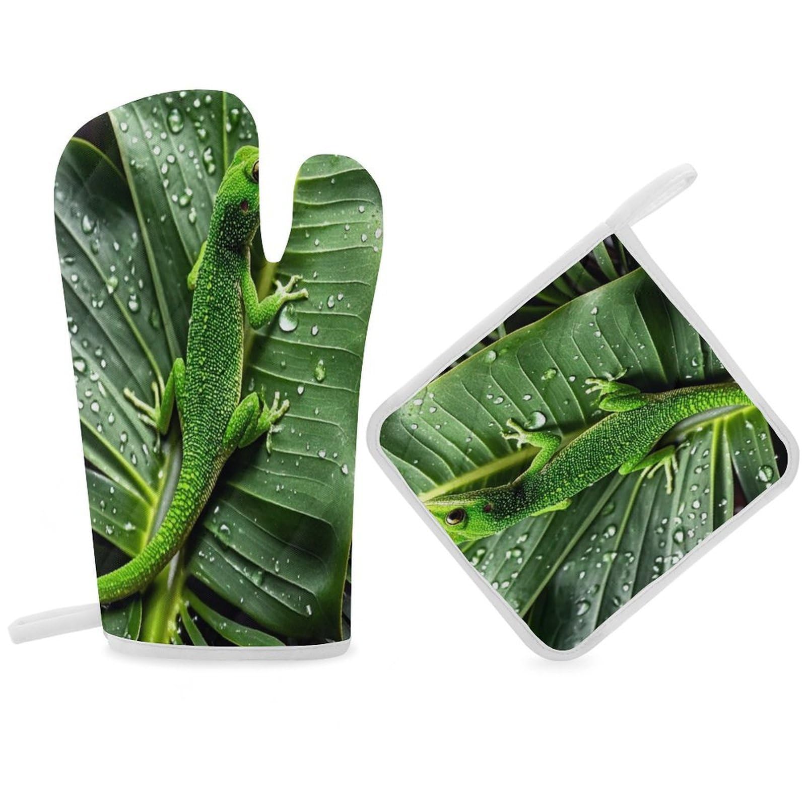 Gecko and Tropical Leaves Oven Mitt Gloves and Heat Insulation Pads Double-Layer Thickened Heat Insulation Mitt Temperature Oven Gloves for Cooking Baking Grilling