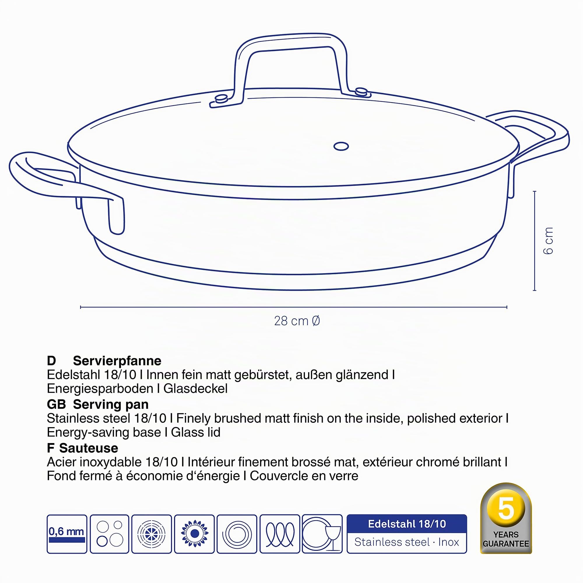 kela Padella in acciaio inox con bordo alto 28 cm FLAVORIA, 3,2 L Padella con coperchio per induzione, valvola di sfiato del vapore, pentola senza rivestimento