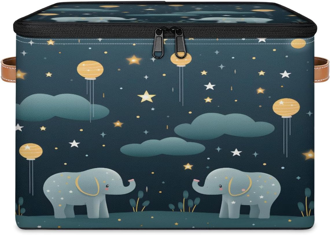 Storage Bin Set of 2 Cartoon Elephant Storage Basket with Zipper Lid & Handle Foldable Closet Shelf 2 Pack Cloth Organizer Basket Cube Bins Clothes Organizer for Bedroom, Nursery