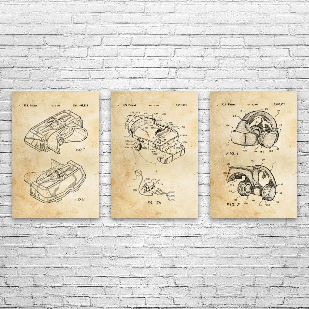 VR Headset Patent Posters Set of 3 (16x20), VR Gift, Arcade Decor, Game Store Wall Art, Game Collector Gift, Virtual Reality Vintage Paper