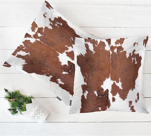 Miniatura 5 de Swono Juego de 2 fundas de almohada decorativas de piel de vaca de 18 x 18 pulgadas, fundas de almohada estándar de piel de vaca, color marrón y