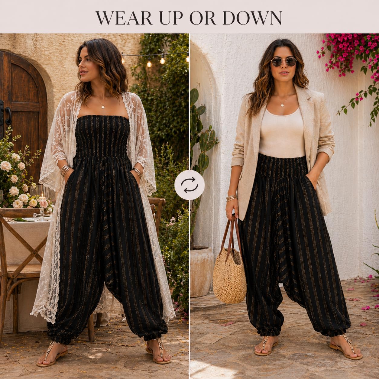 likemary Tuta Jumpsuit Donna in Cotone Stile Harem - Tirare giu e Trasformare in Pantaloni Harem - 2-in-1 Vestito - Tuta Intera Estiva & Pantaloni Harem con Tasche Ideale Per Le Vacanze