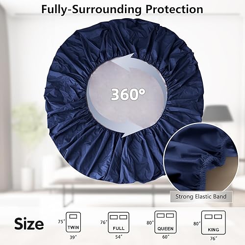Miniatura 5 de Protector de colchón matrimonial, transpirable, impermeable, silencioso, azul marino, se adapta a colchones de hasta 18 pulgadas de profundidad,