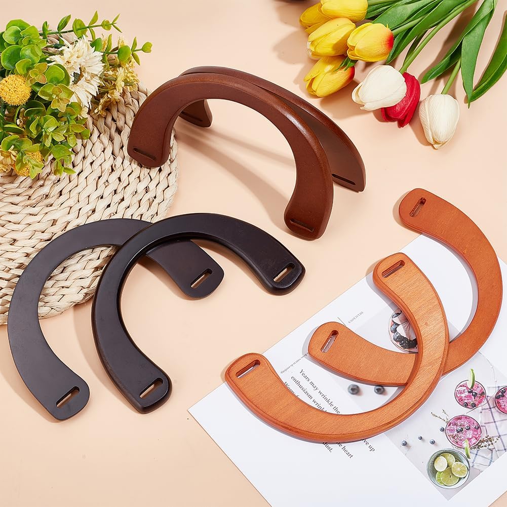 PH PandaHall 6 Pack Wooden Purse Handle U-Shaped Handles Replacement 3 Color Crocheted Handbags Handles for Handmade Beach Bag Handbags Straw Bag Purse Crocheted Handbags - Image 4