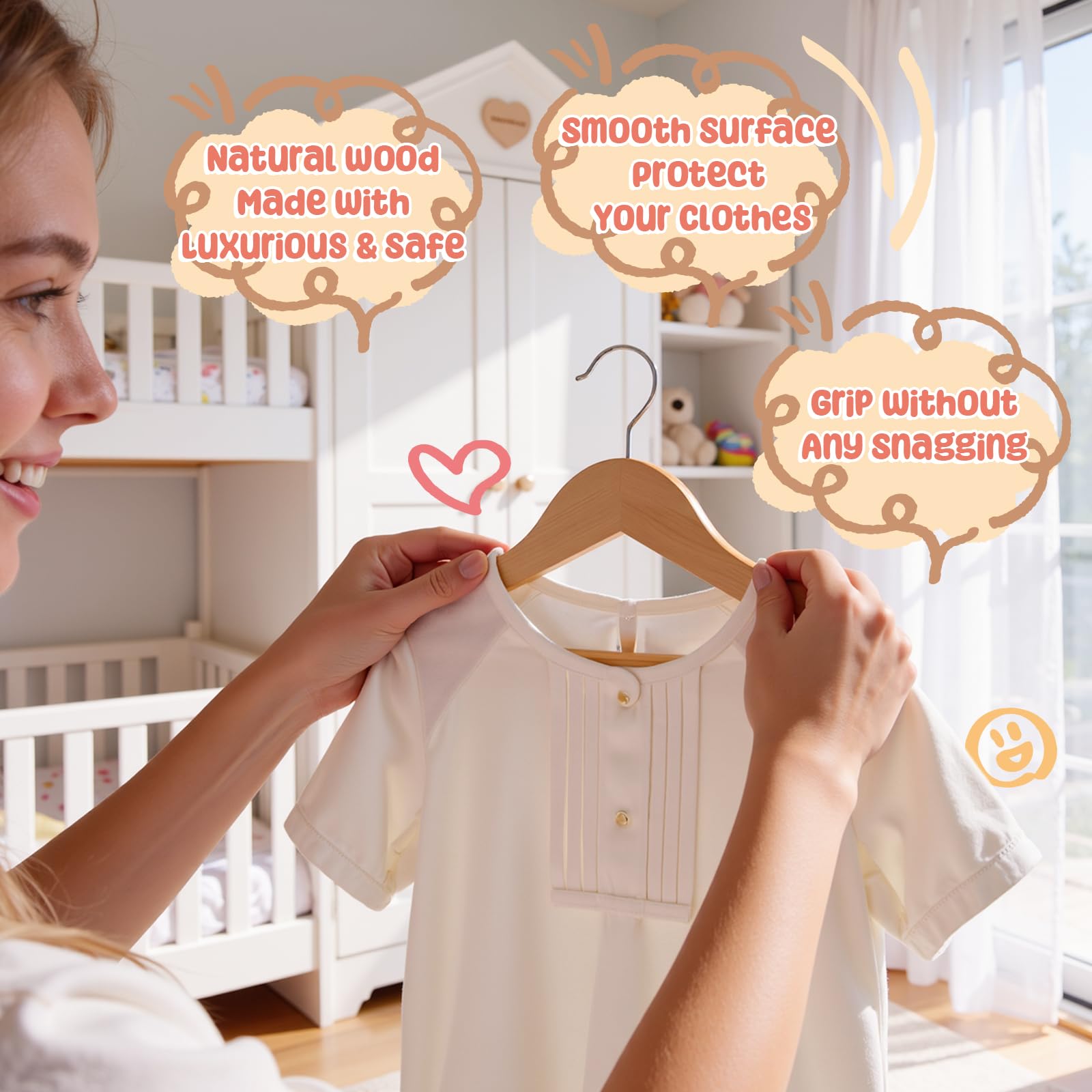 Perchas de madera para niños, paquete de 20 perchas de madera maciza para bebés, perchas para niños de 12.6 pulgadas con barra para pantalones, muescas de hombro, ganchos giratorios, para ropa