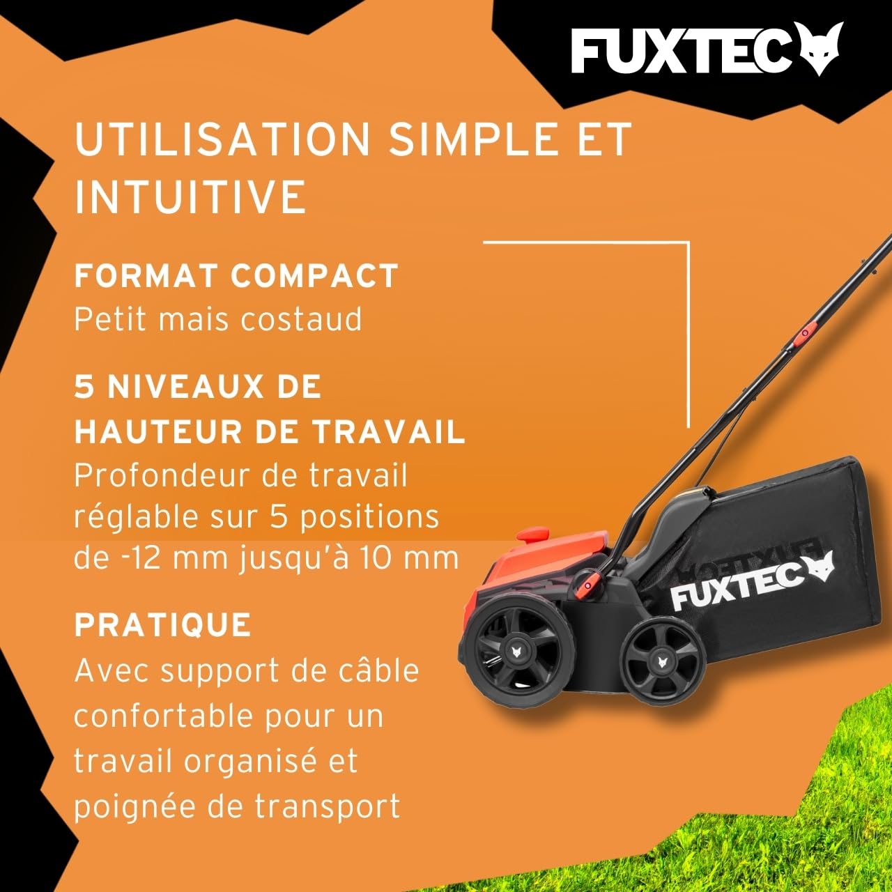 Scarificateur électrique FUXTEC, aérateur de gazon avec 1300 watts de puissance, largeur de travail 32 cm et réglages de profondeur de -12 à +10 mm, bac de ramassage 40 L