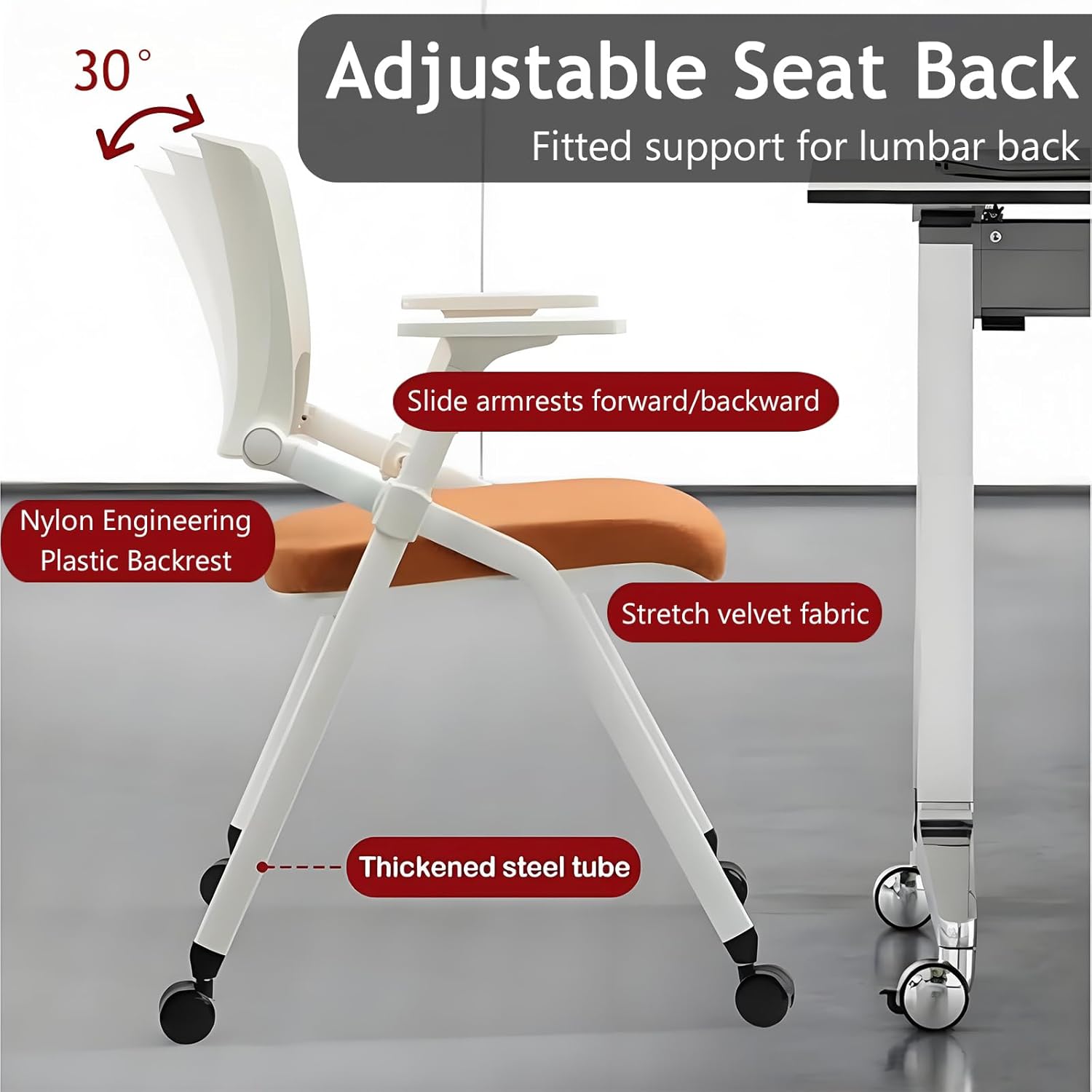 Folding Office Chair with Wheels, Foldable Training Chair with Adjustable Backrest & Armrests,Stackable Rolling Office Meeting Chairs, Ergonomic Reception Conference Chairs(Grey)