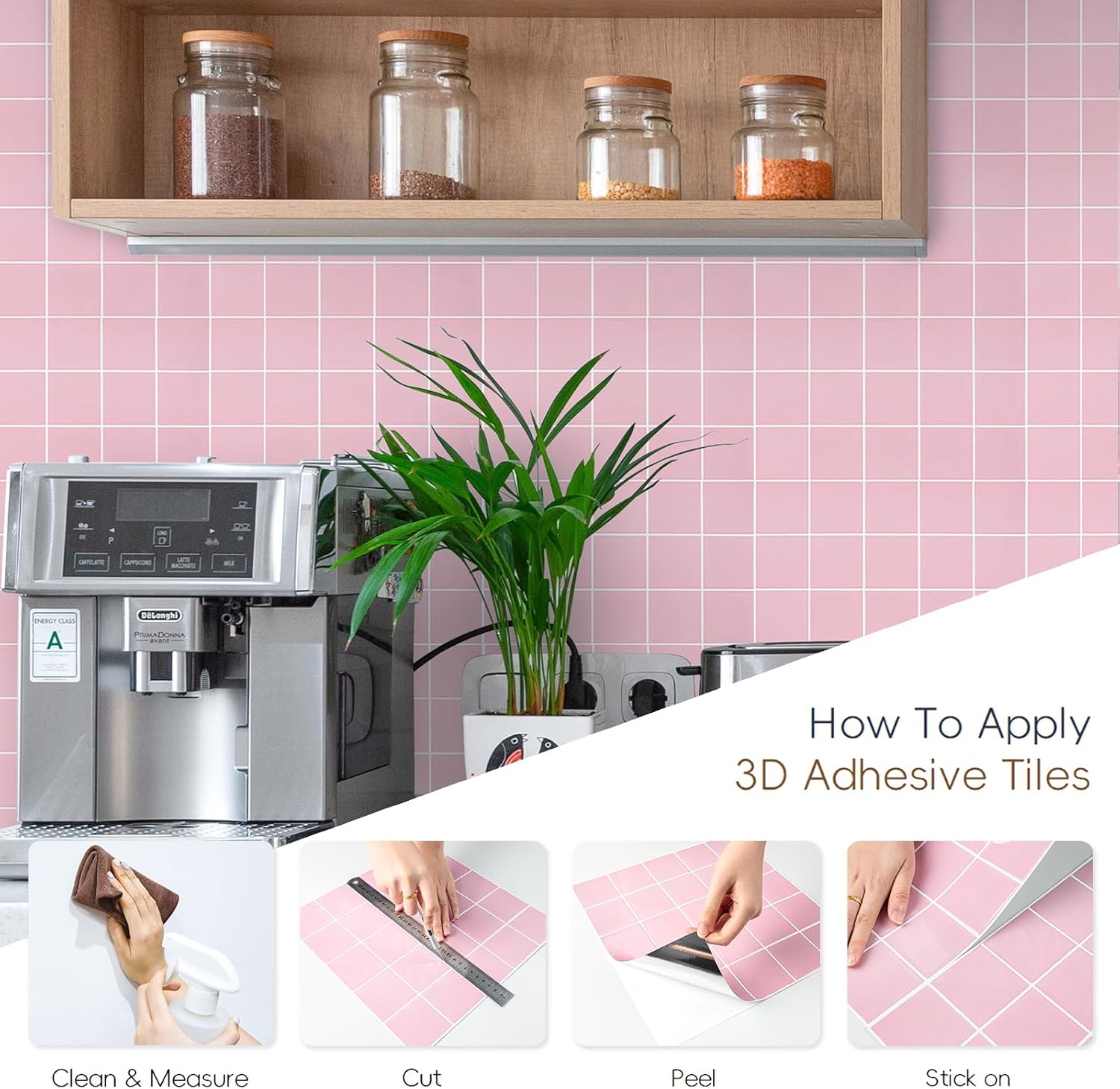 Pink Peel and Stick Backsplash Square Tile, 3D Self Adhesive Stick on Backsplash Wall Tile Stickers for Kitchen Bathroom (10 Sheets, 12"x12")