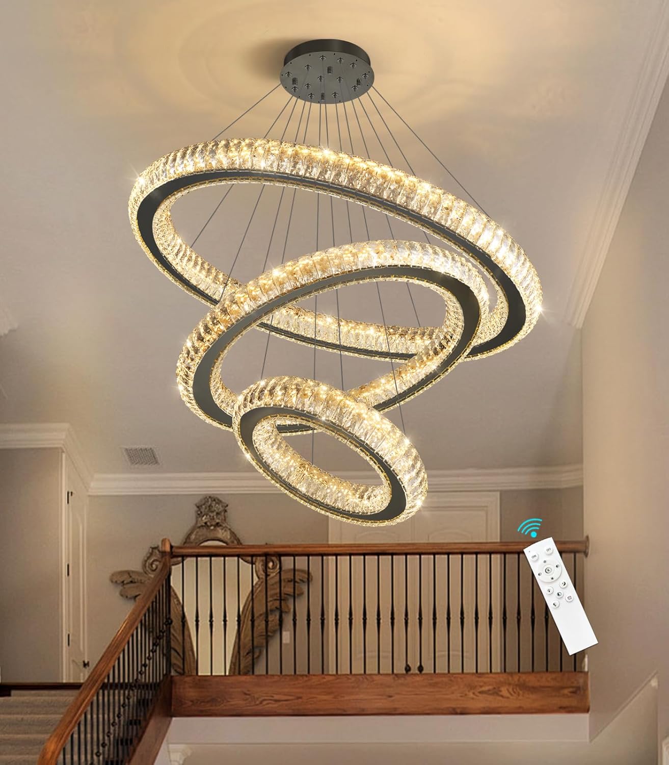 3 Rings Chandelier Modern Dimmable High Ceiling Large Ring Chanderliers Entryway Crystal Pendant Lights for Entryway Foyer Living Room Black Light