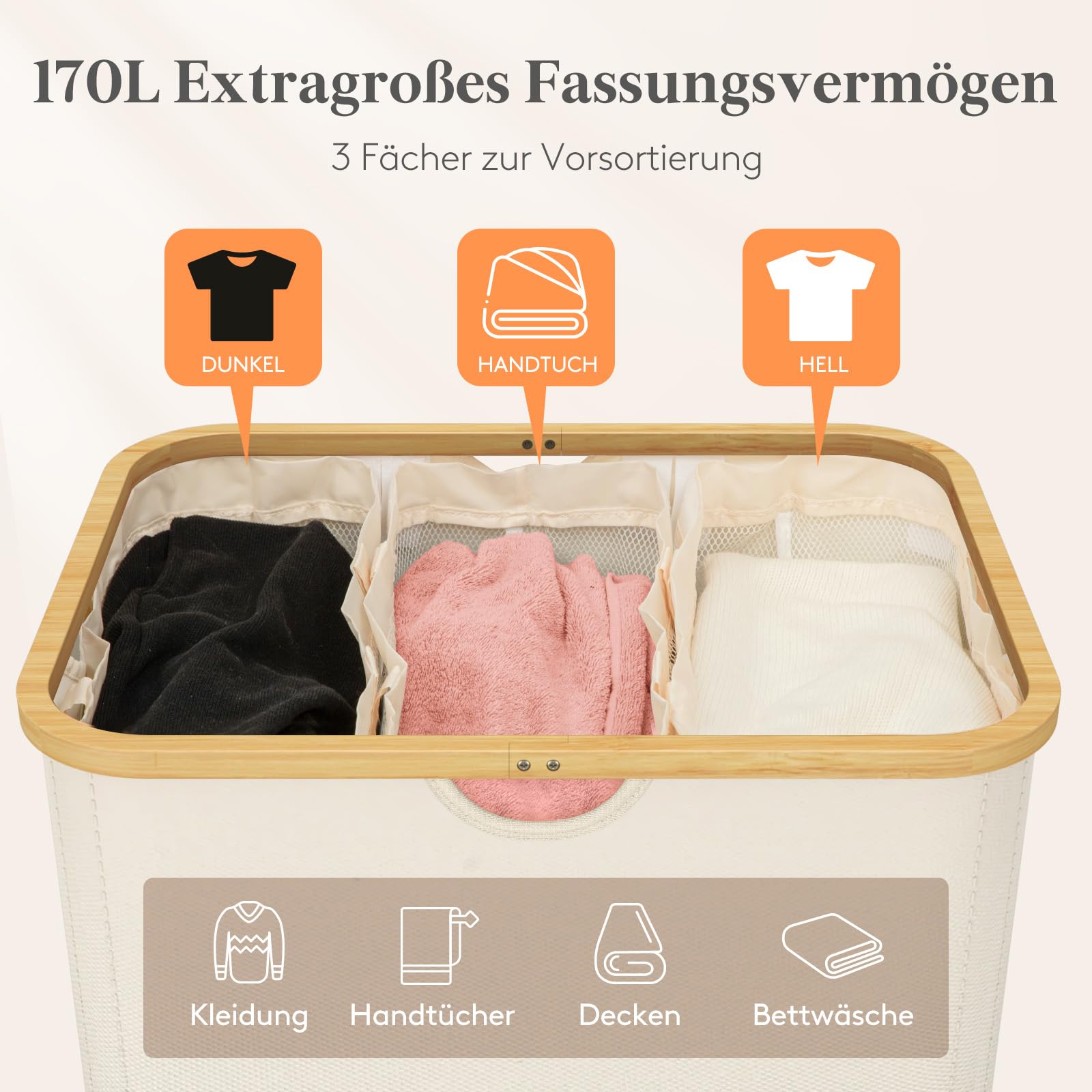 Lifewit 170L Wäschekorb mit 3 Fächern und Deckel, Beige