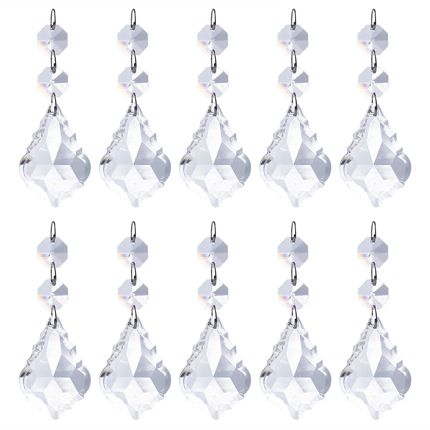 Pack of 10 Replacement Clear Maple Leaf Chandelier Crystal Prisms Pendants Shiny Glass with Octagonal Crystal Beads and Metal Split Ring for Lamp Decoration Jewelry Making (50mm)