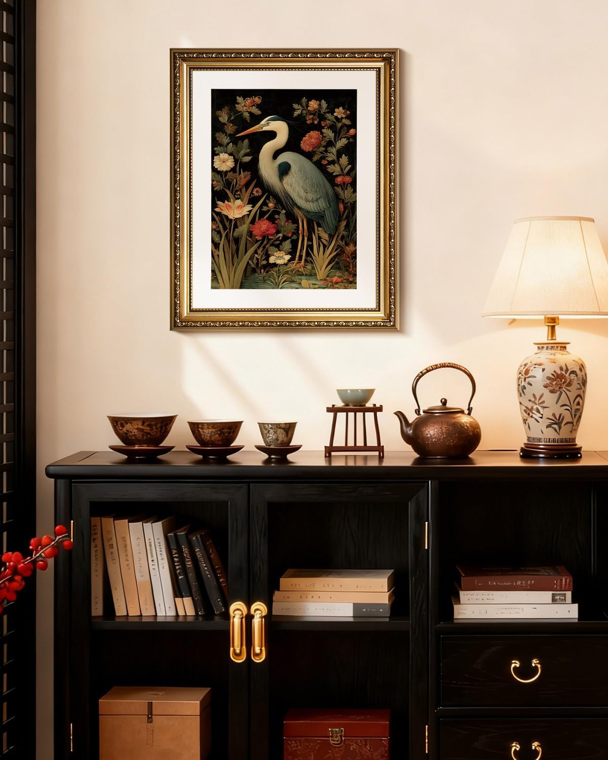 HUARCEY Vintage Botanical Bird Gold Framed Canvas Wall Art 13x16 inch, Classic Heron Floral Canvas Painting Print, Traditional Elegant Home Living Room Bedroom Farmhouse Decor