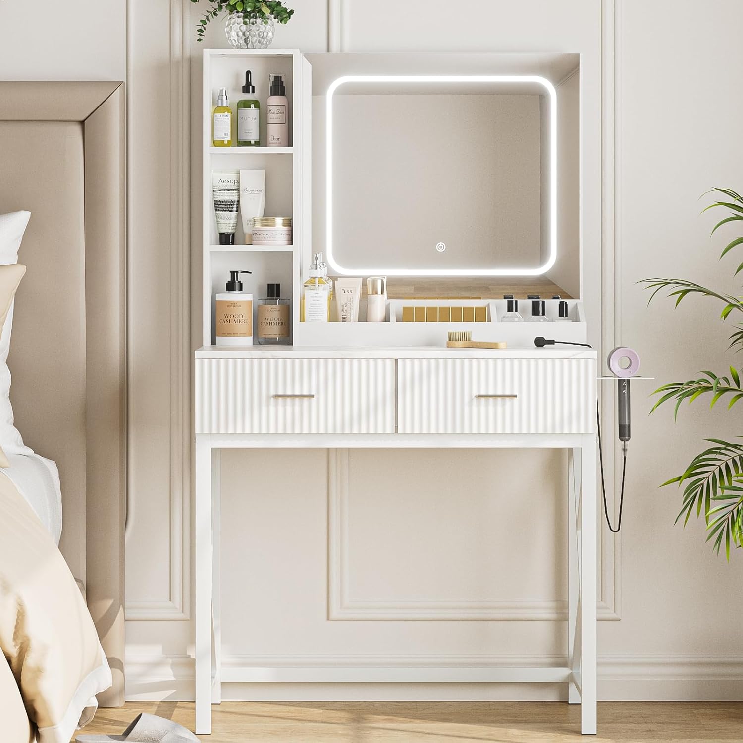 Makeup Vanity with LED Lighted Mirror, Vanity Desk with Tri-Color Adjustable Brightness, 2 Drawers and 3 Storage Shelves Ideal for Bedroom, White